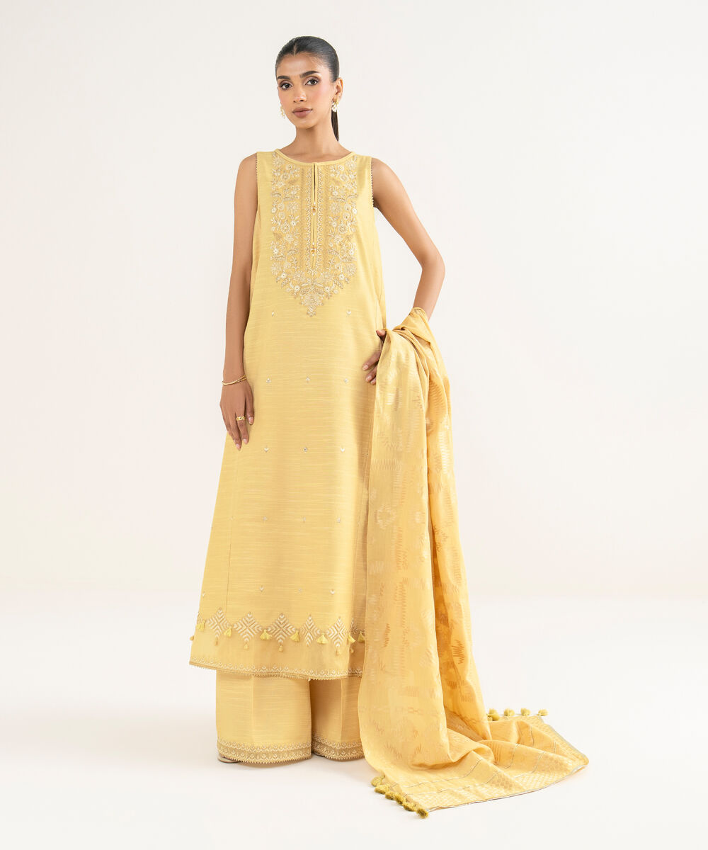 Women's Unstitched Zari Khaddar Embroidered Yellow 3 Piece Suit