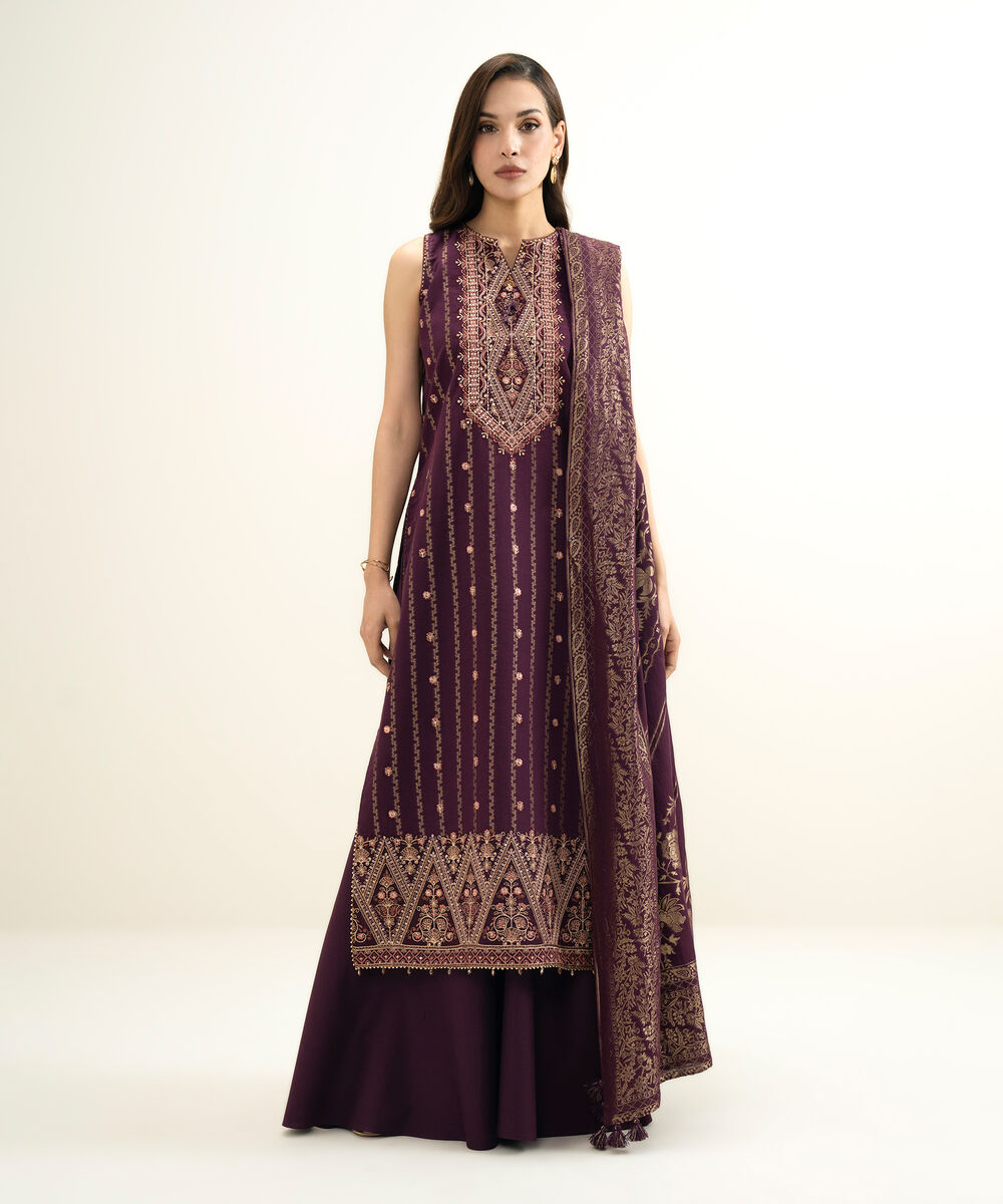 Women's Unstitched Extra Weft Jacquard Embroidered Purple 3 Piece Suit