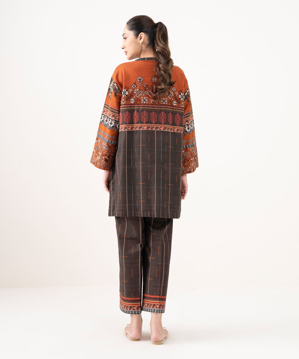 Women's RTW Cotton Embroidered Brown Drop Shoulder Shirt