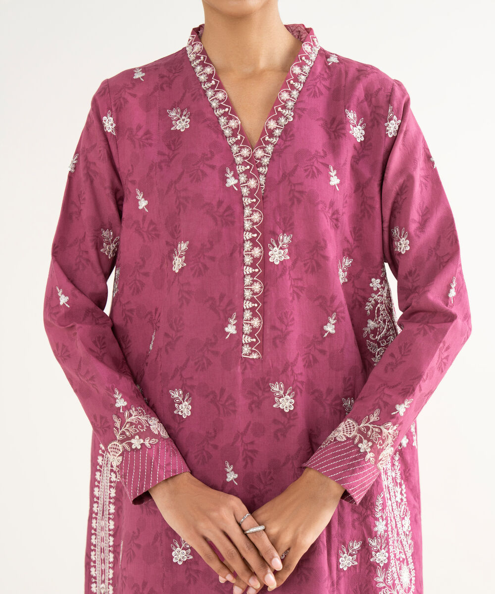 Women's Unstitched Cotton Jacquard Embroidered Pink 3 Piece Suit