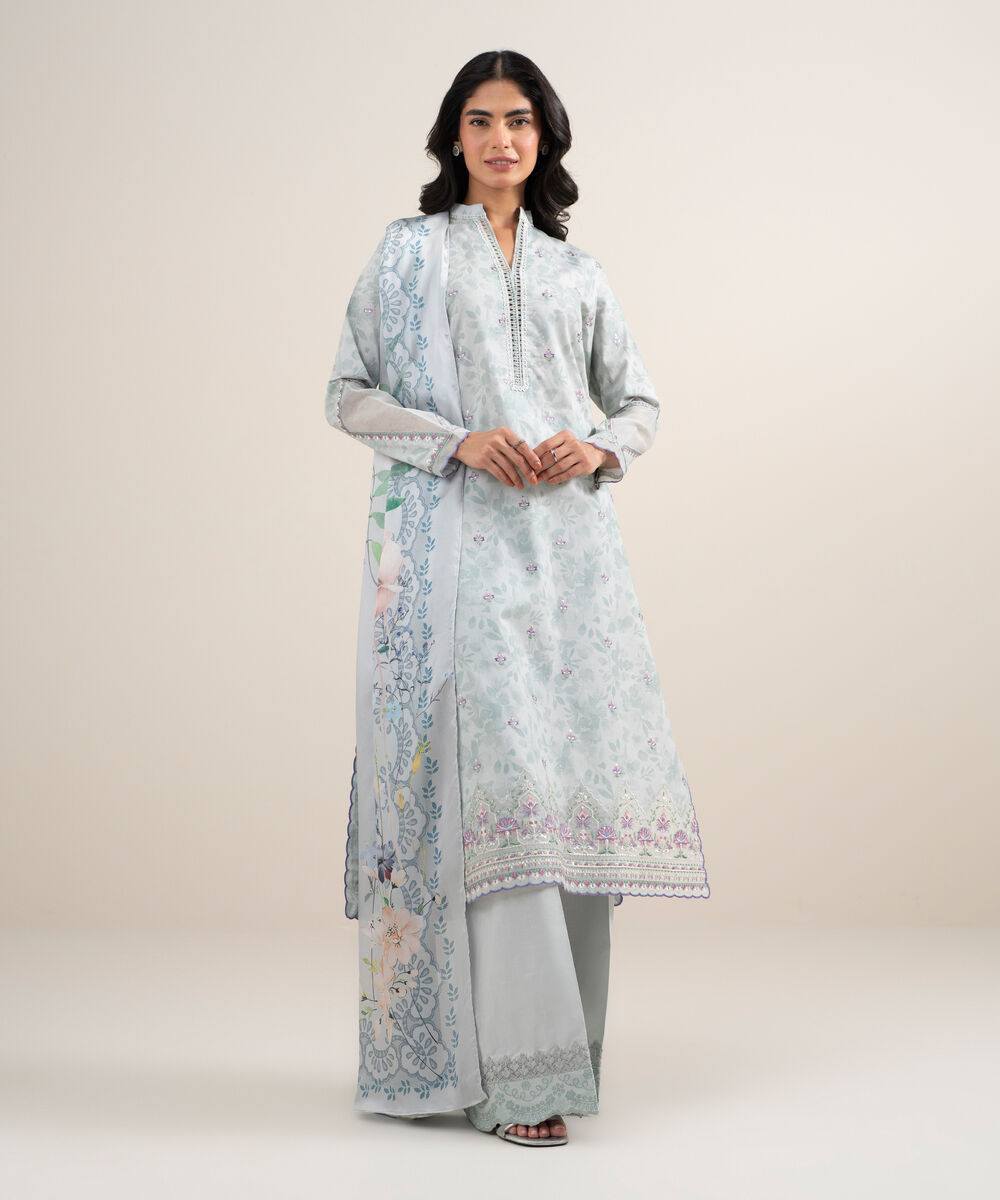 Women's Unstitched Lawn Embroidered Grey 3 Piece Suit