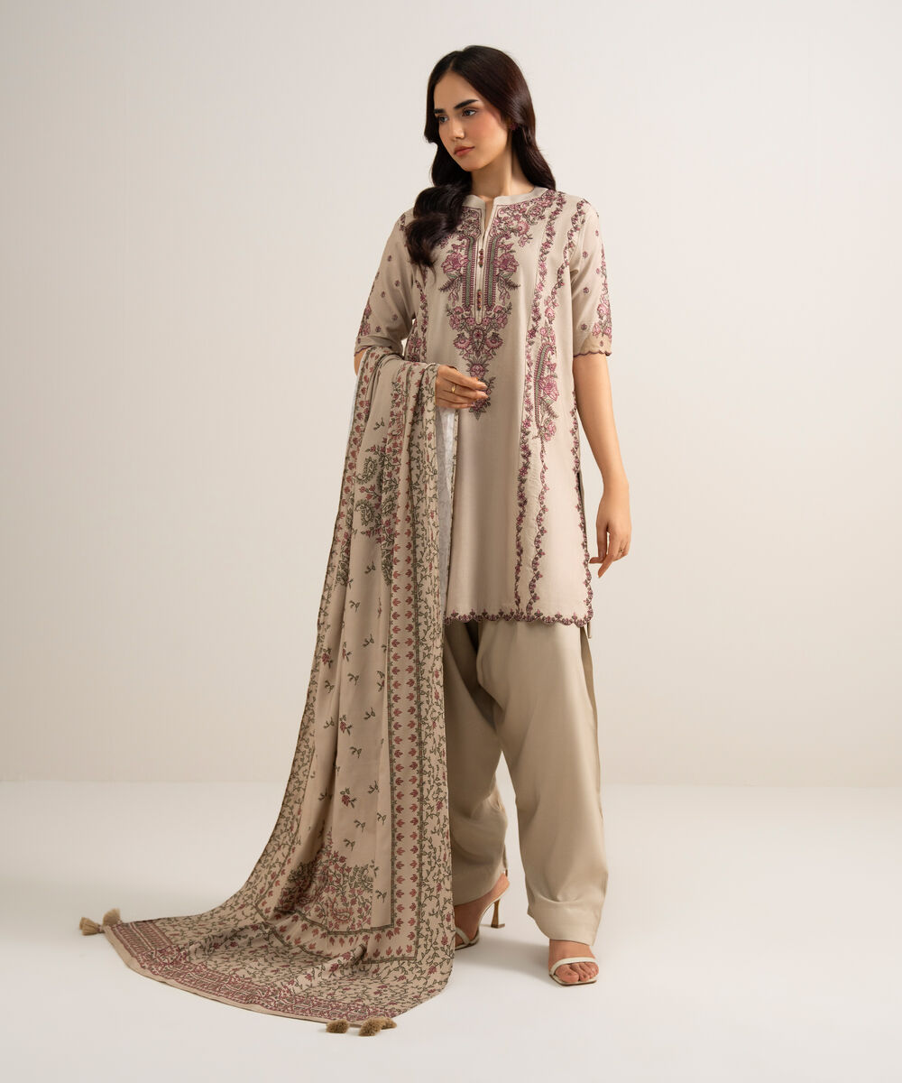 Women's Unstitched Embroidered Linen Beige 3 Piece Suit