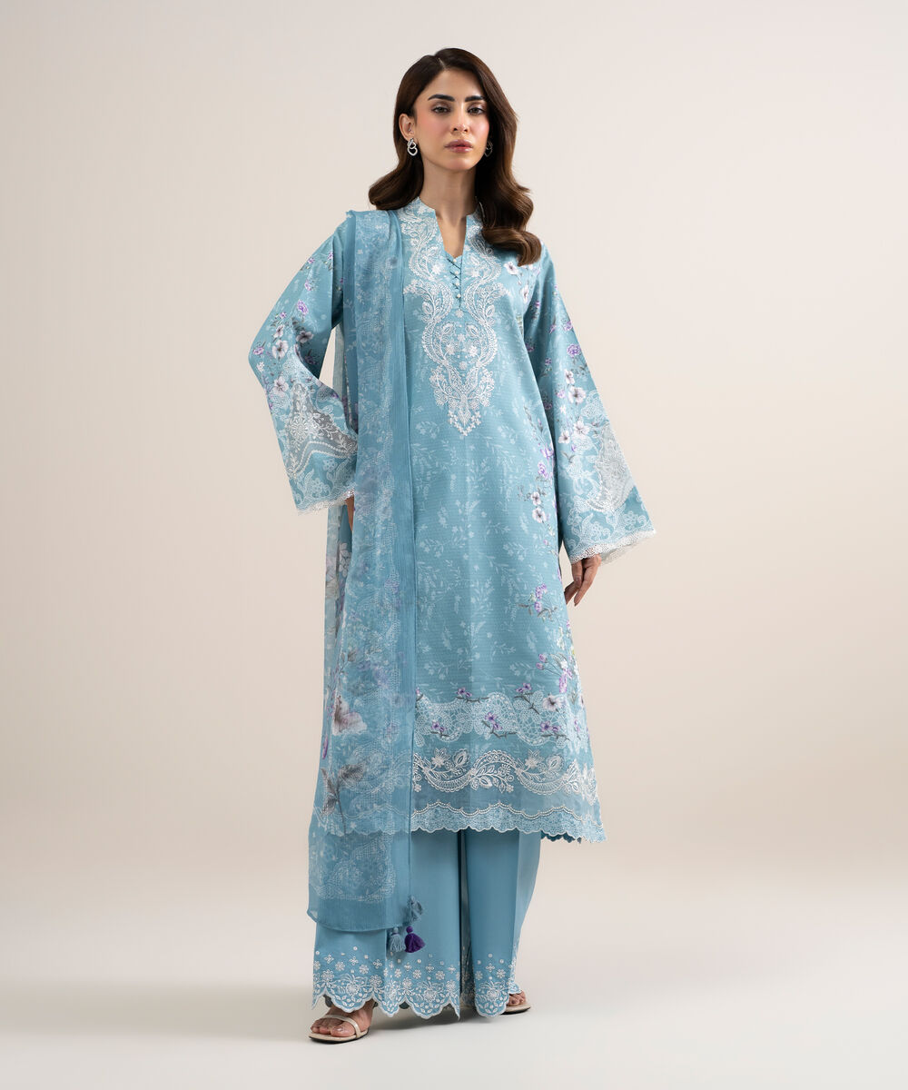 Women's Unstitched Dobby Embroidered Blue 3 Piece Suit