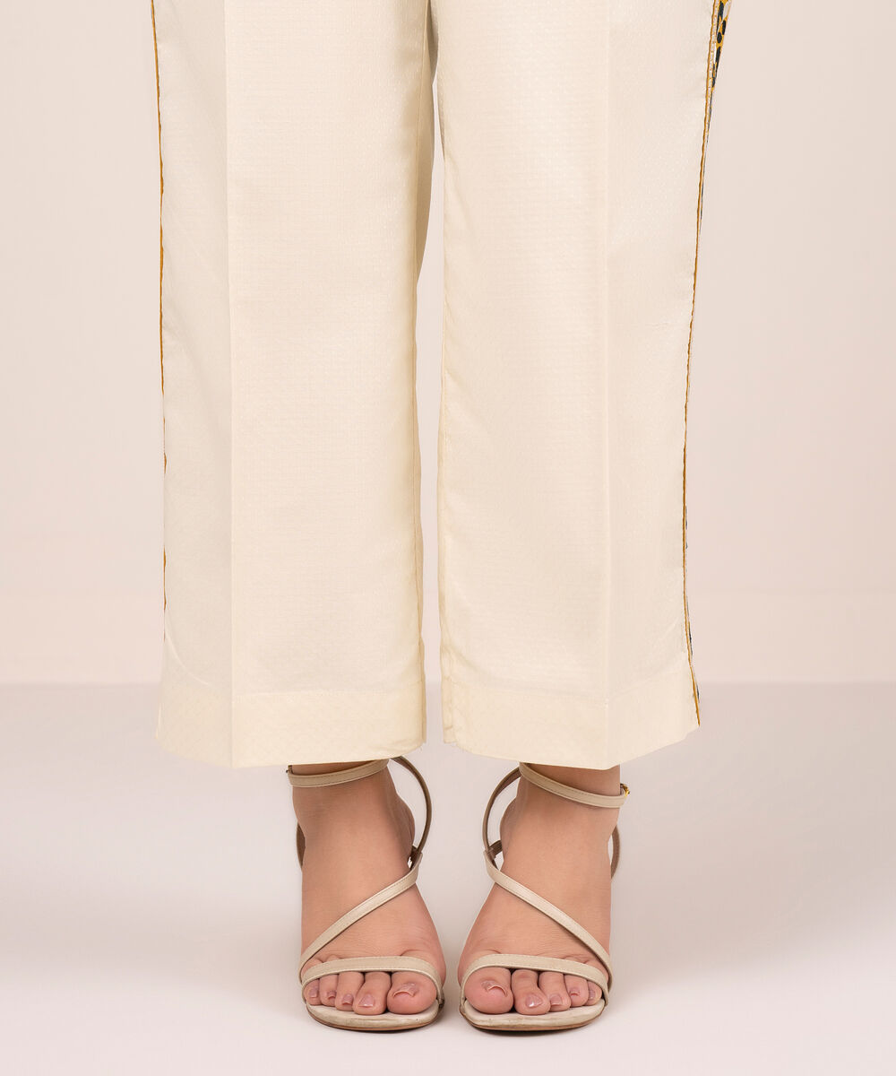 Women's RTW Dobby Embroidered Off White Straight Pants
