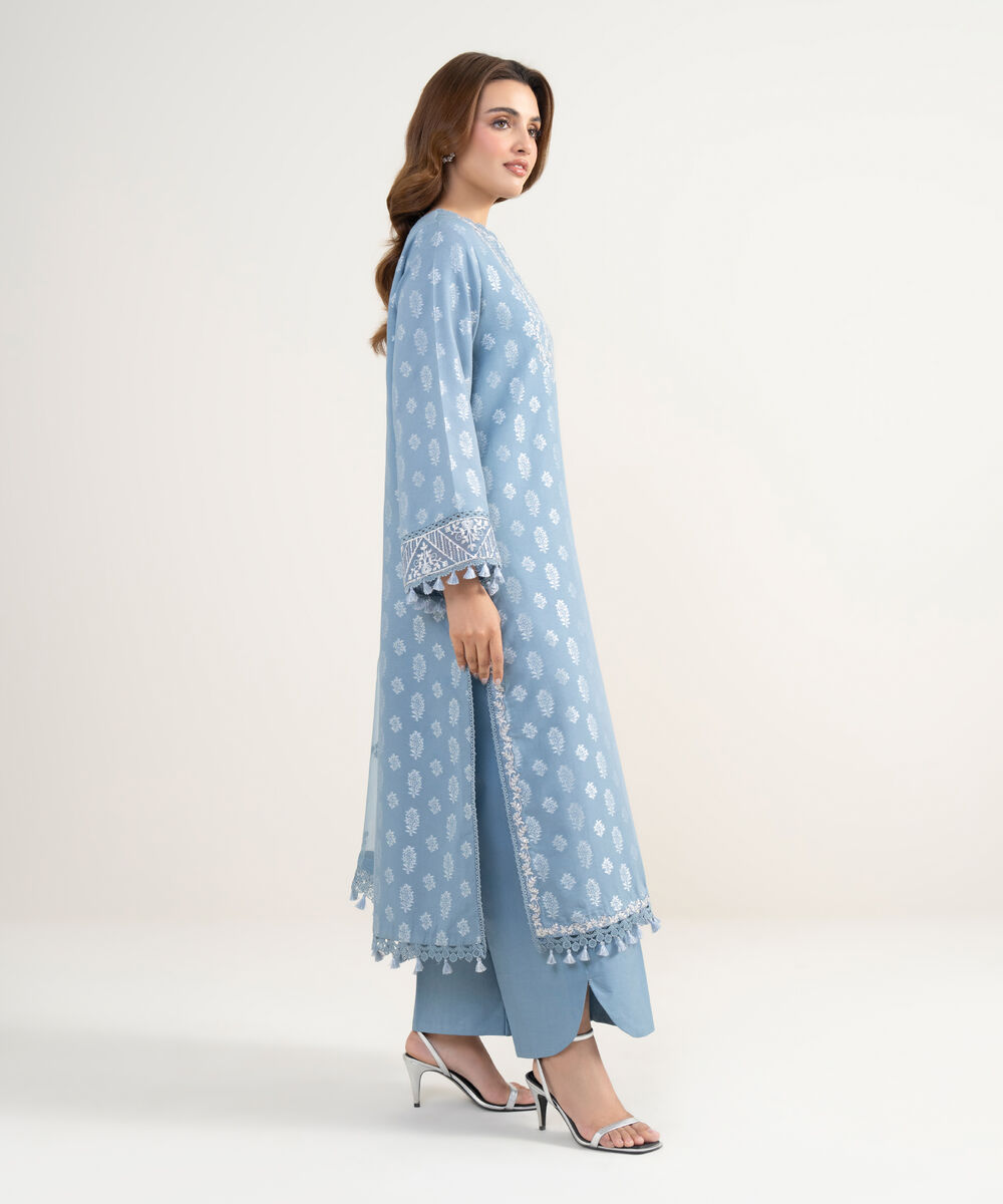 Women's Unstitched Extra Weft Jacquard Embroidered Blue 3 Piece Suit