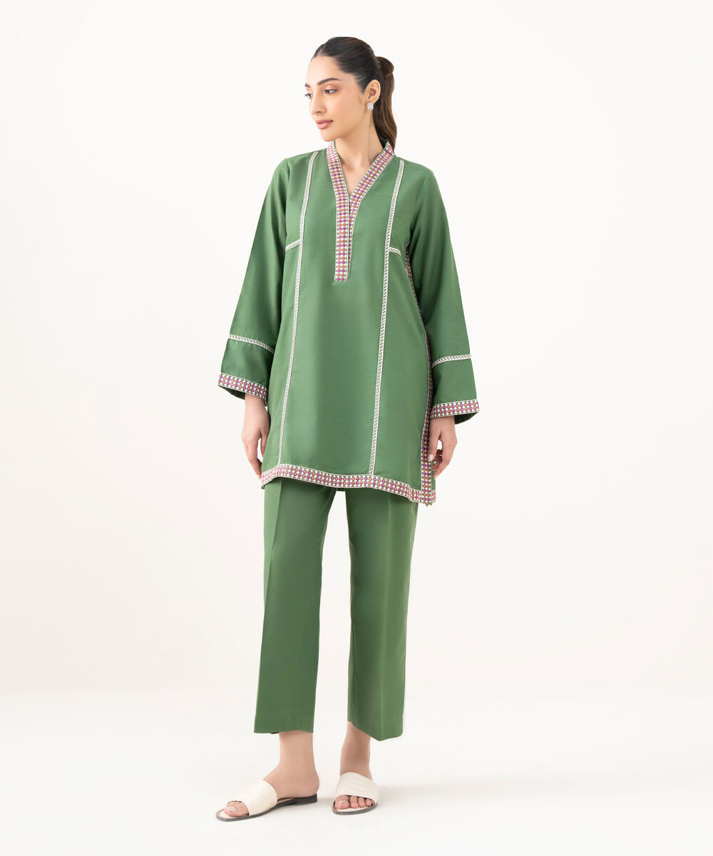 Women's RTW Cotton Embroidered Green Straight Shirt