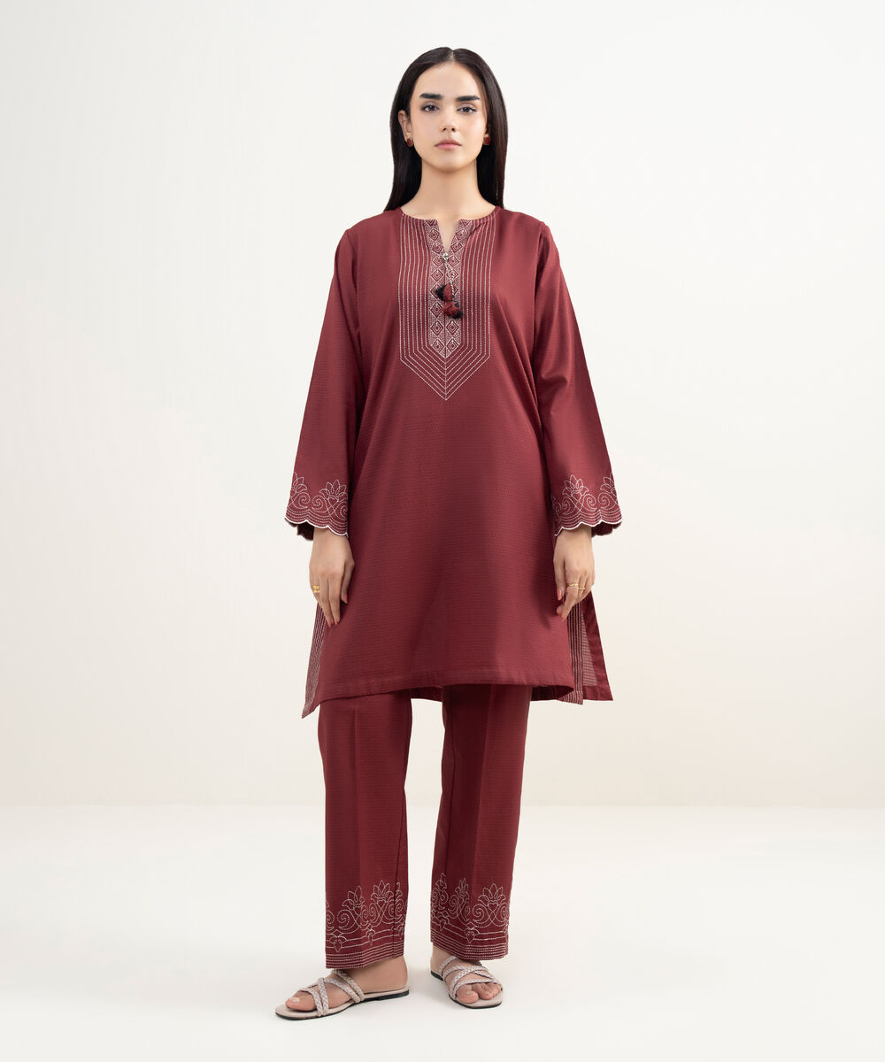 Women's RTW Dobby Embroidered Red Straight Shirt