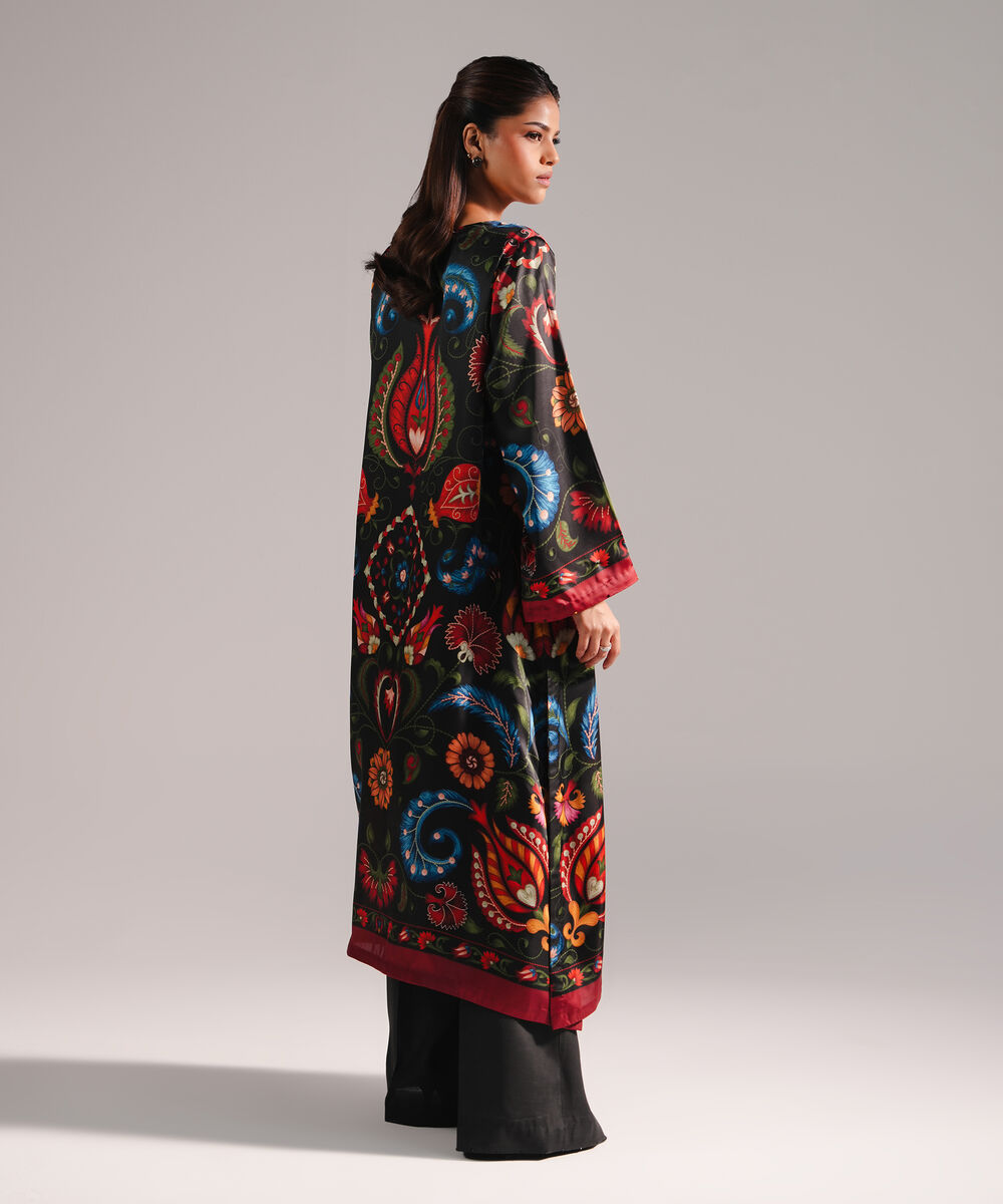 Women's RTW Blended Satin Printed Black 2 Piece Suit