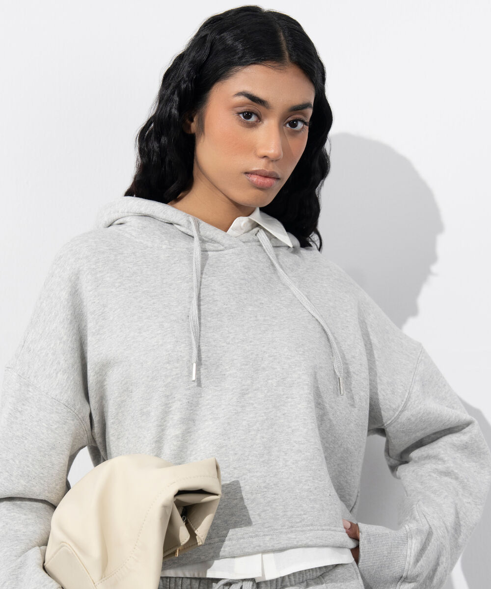 Women's Western Wear Grey Melange Cropped Fleece Hoodie