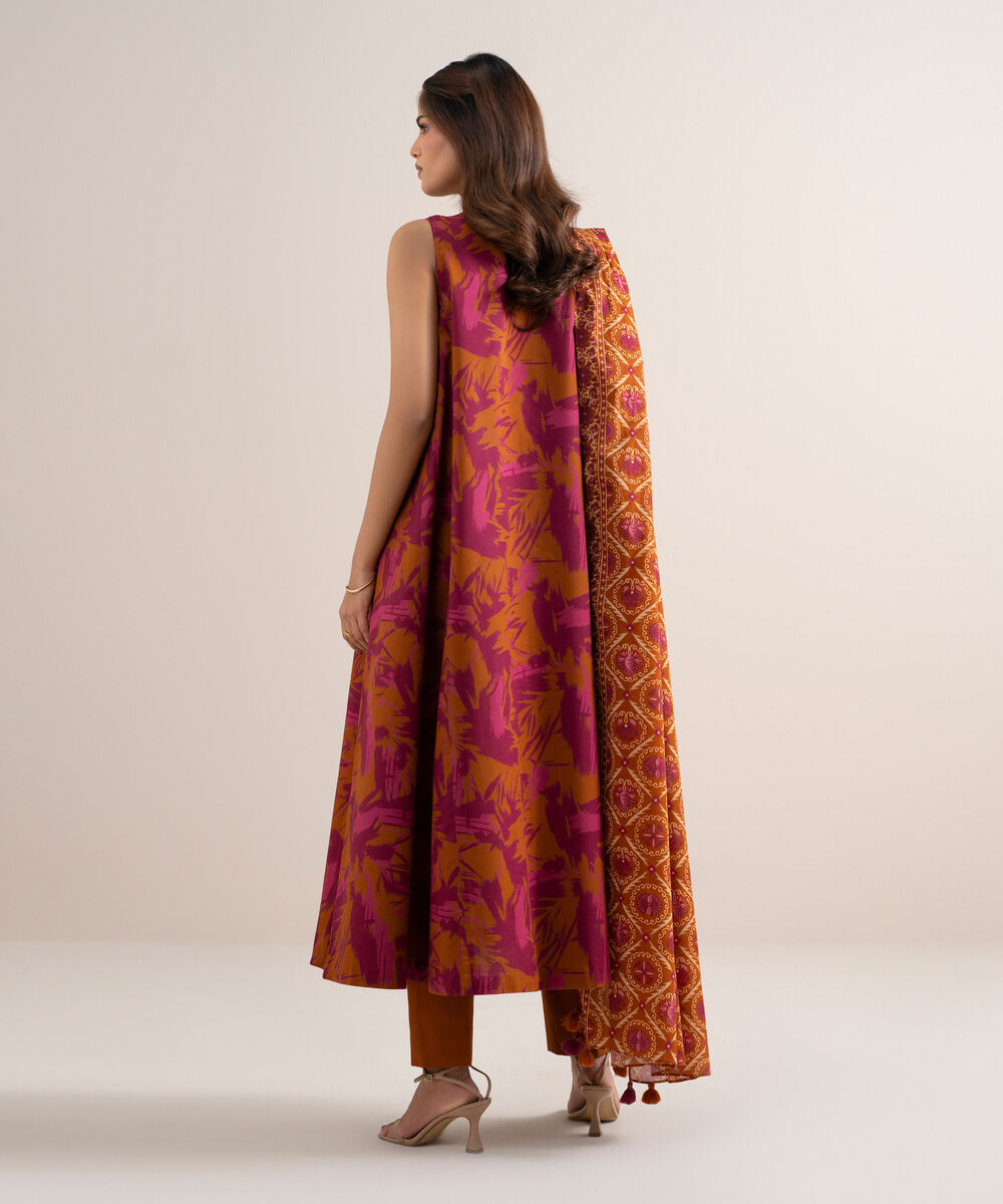 Women's Unstitched Lawn Printed Orange 3 Piece Suit
