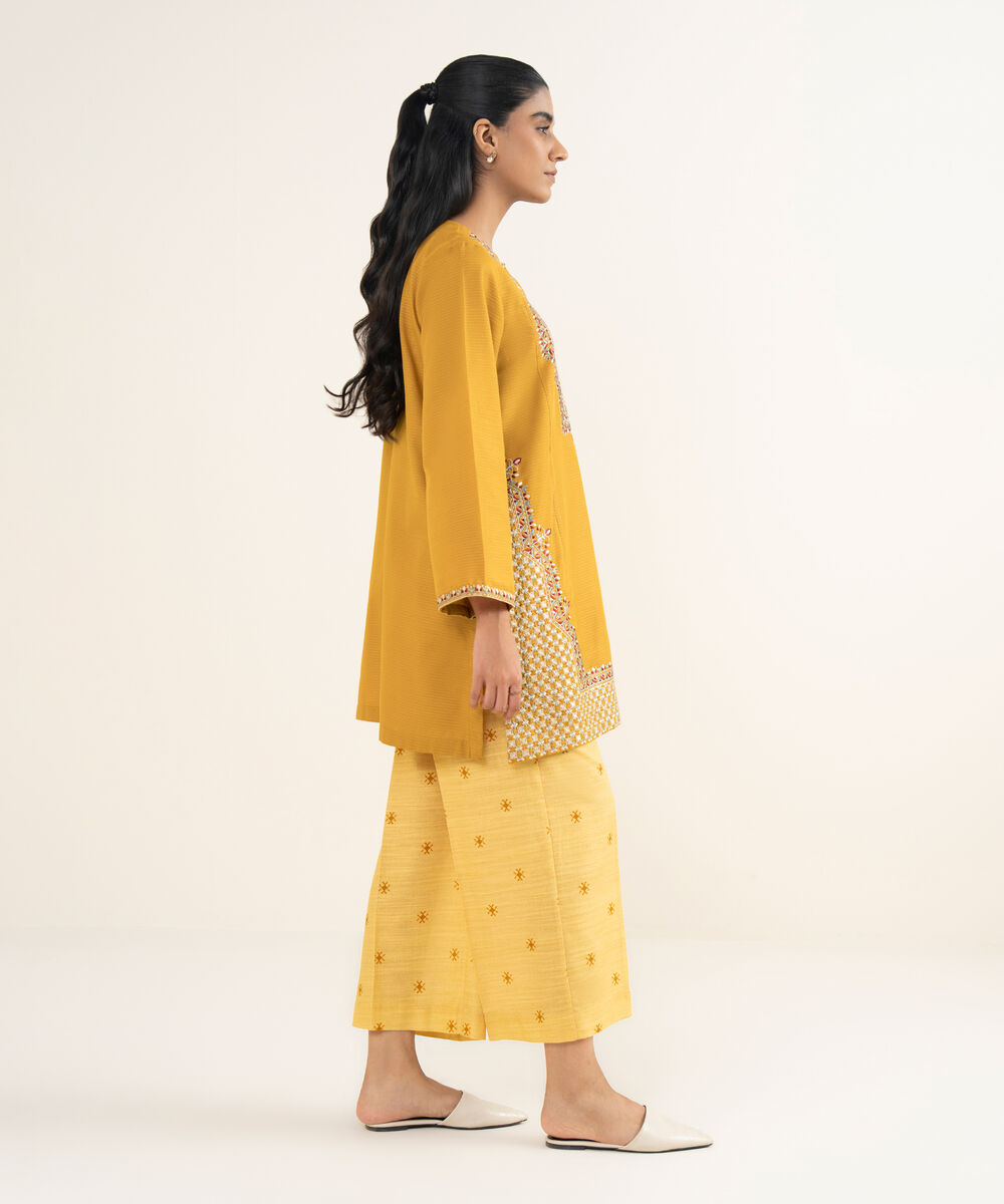 Women's RTW Light Khaddar Embroidered Mustard Straight Shirt