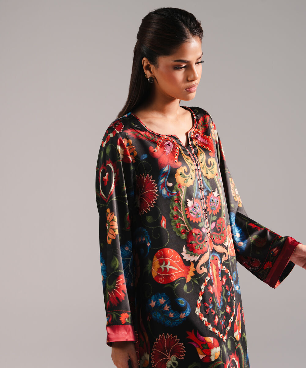 Women's RTW Blended Satin Printed Black 2 Piece Suit