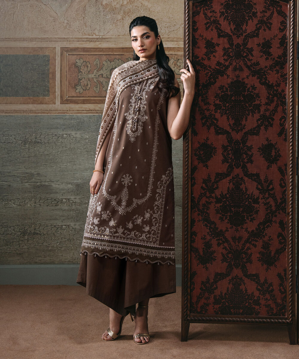 Women's Unstitched Lawn Embroidered Brown 3 Piece Suit