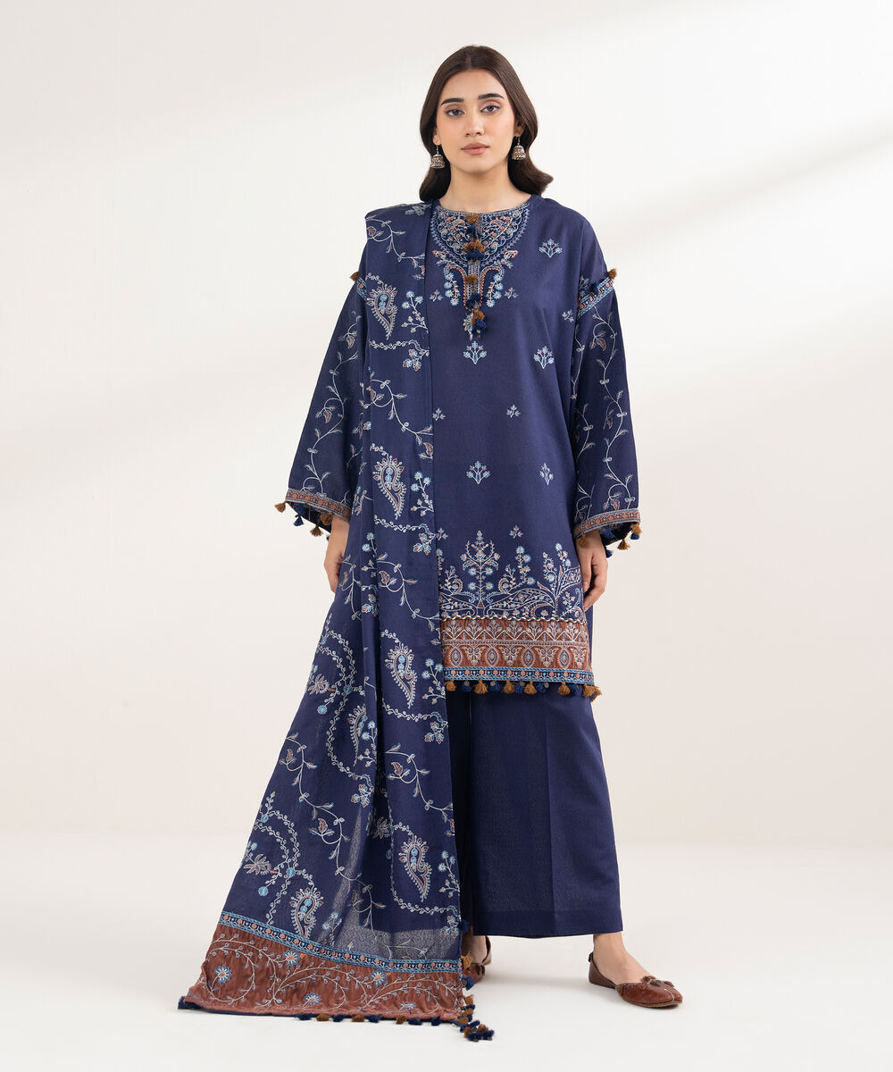 Women's RTW Cotton Karandi Embroidered Blue 3 Piece Suit