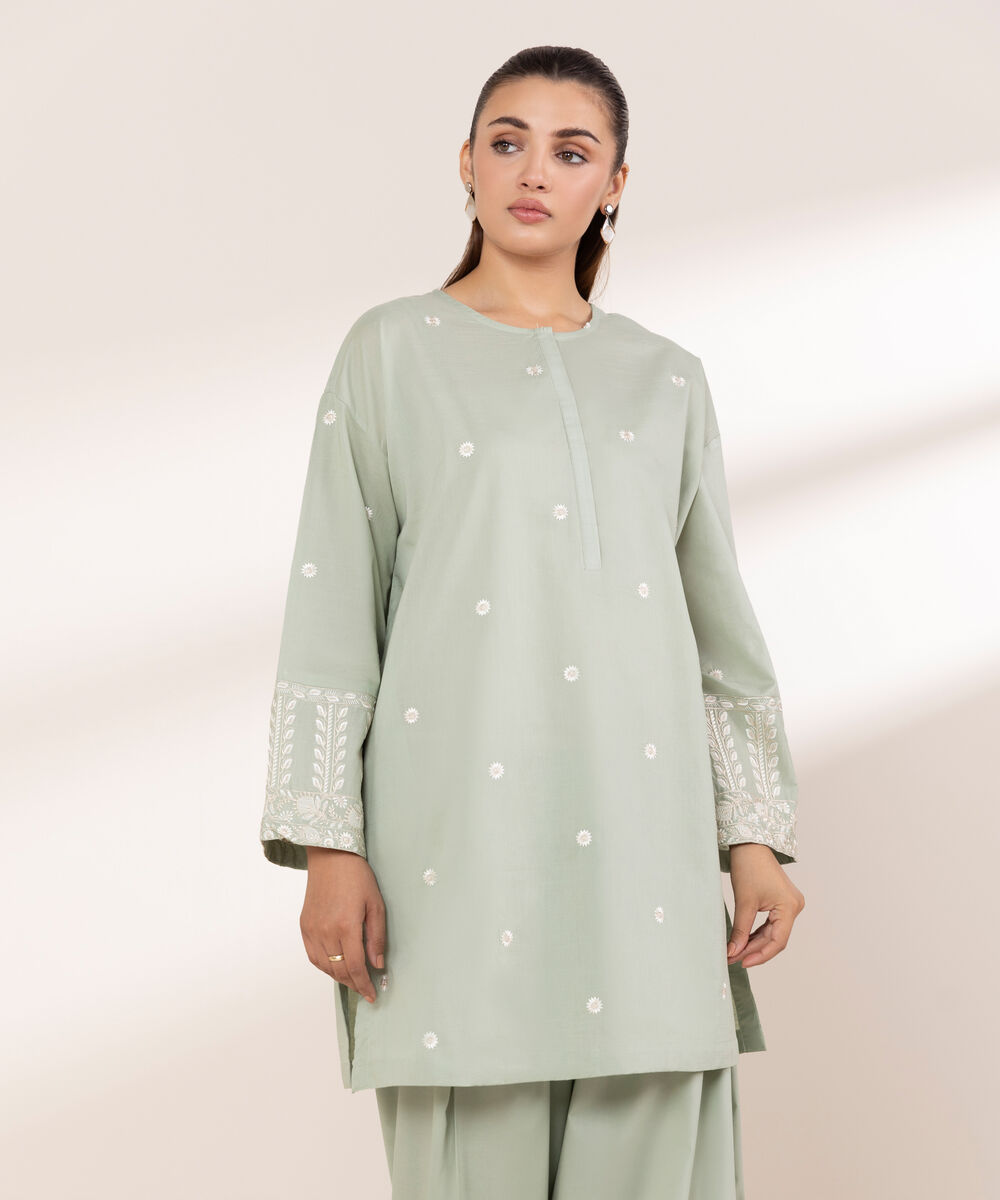 Women's RTW Textured Lawn Green Embroidered Boxy Shirt