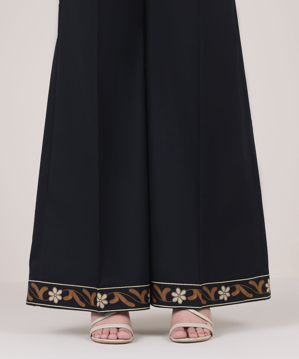 Women's RTW Cambric Black Solid Flared Pants