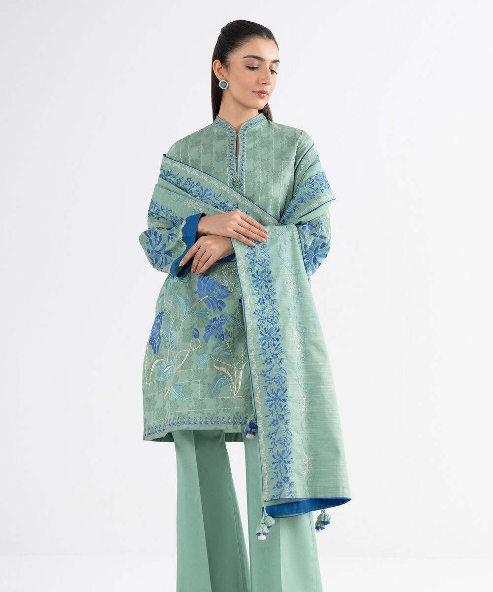 Women's Unstitched Cotton Jacquard Embroidered Green 3 Piece Suit