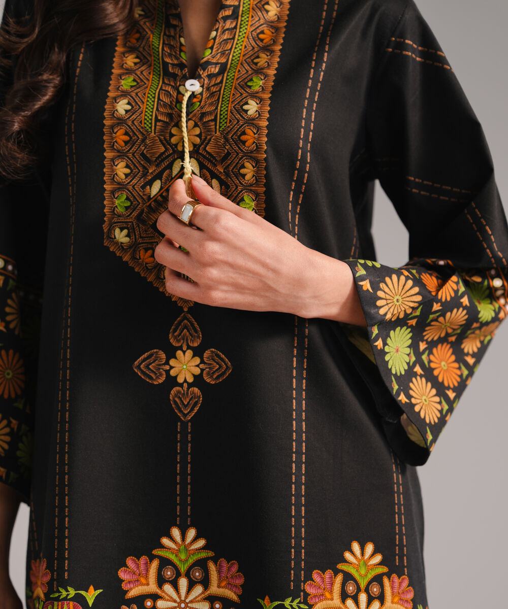 Women's RTW Cotton Viscose Printed Black Straight Shirt