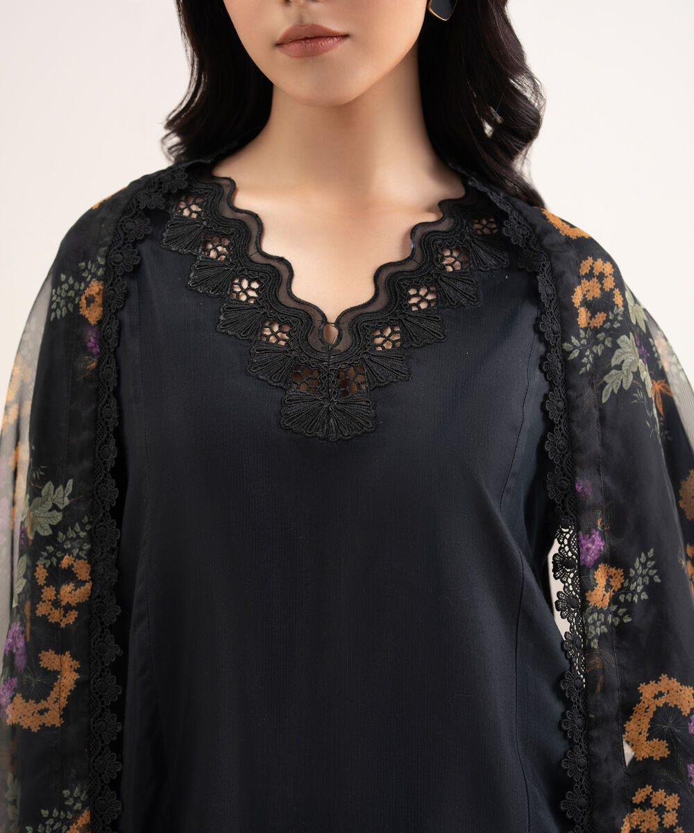 Women's RTW Viscose Raw Silk Embroidered Black 3 Piece Suit