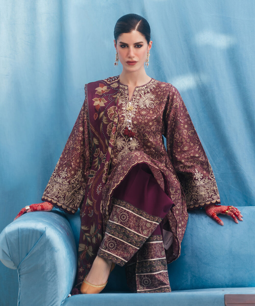 Women's RTW Zari Lawn Embroidered Deep Maroon A-Line Shirt