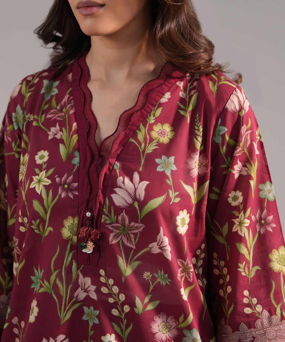 Women's RTW Lawn Printed Maroon Straight Shirt