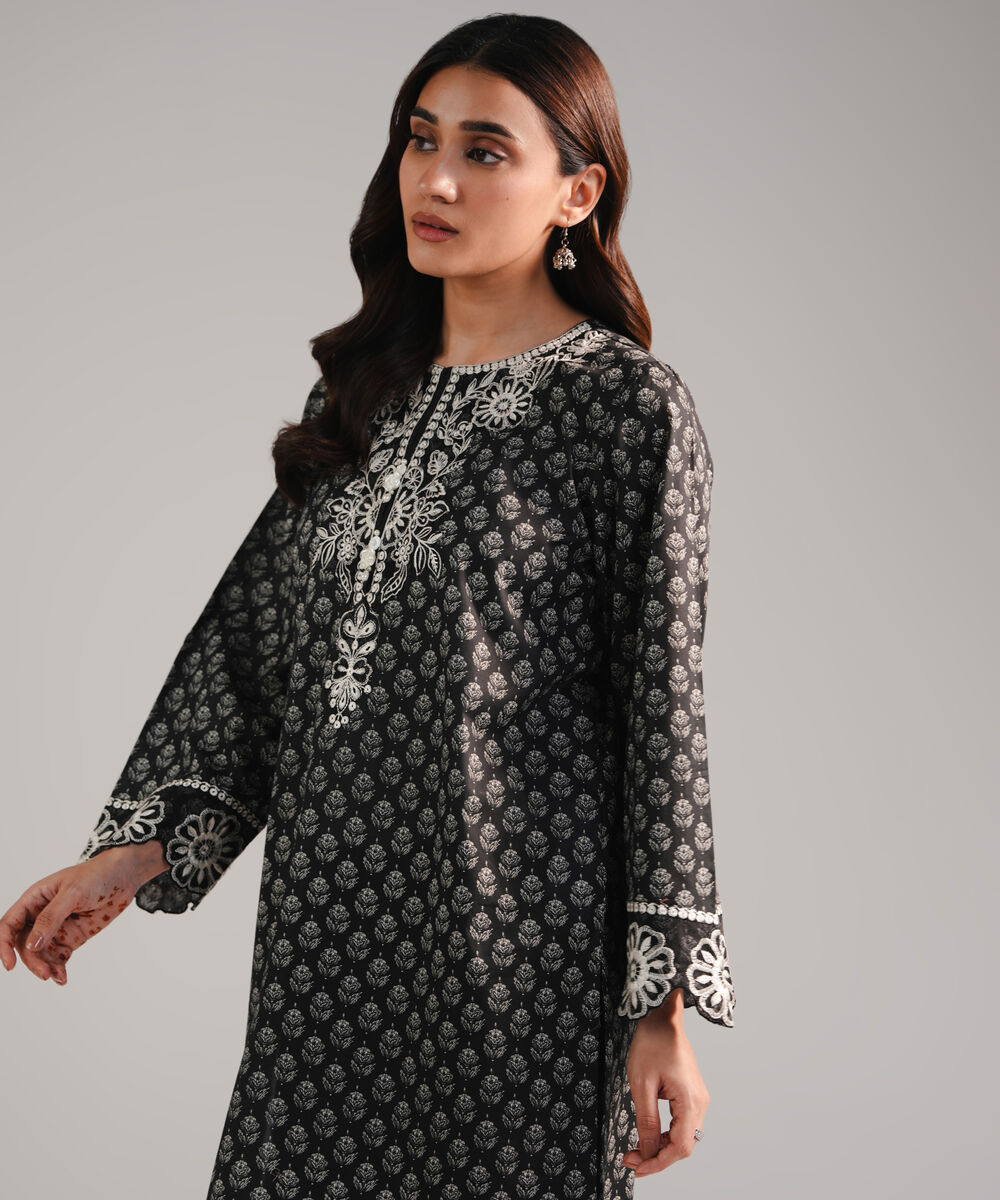 Women's RTW Lawn Embroidered Black Straight Shirt