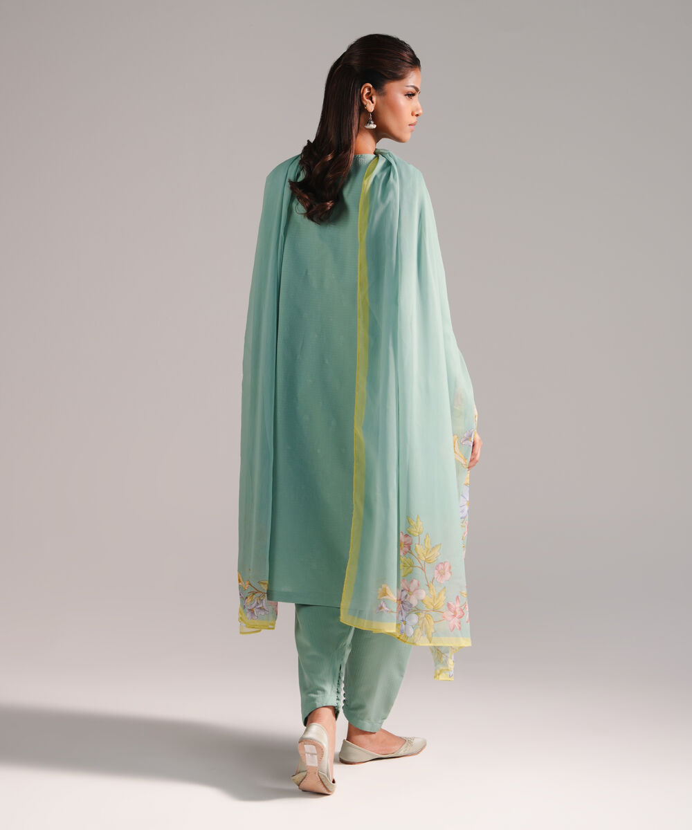 Women's RTW Dobby Embroidered Green 3 Piece Suit