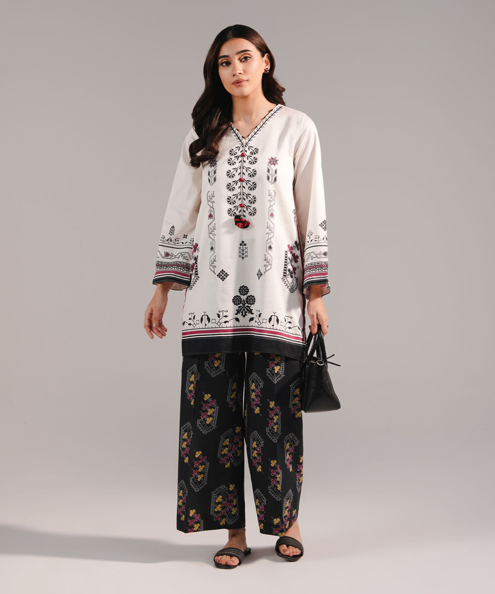 Women's RTW Cotton Satin Printed White Straight Shirt