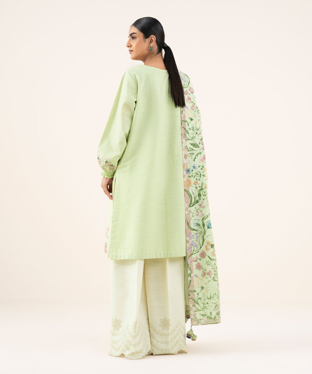 Women's Unstitched Cotton Embroidered Green 2 Piece Suit