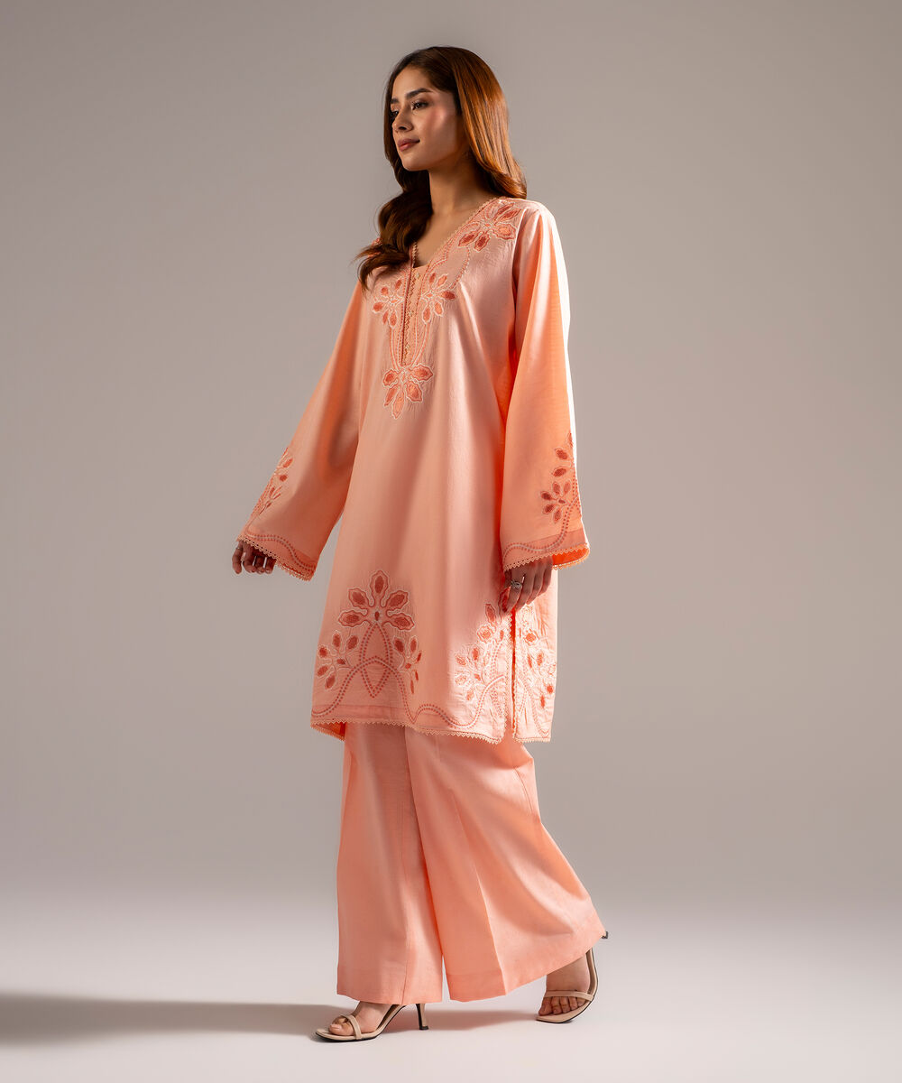 Women's RTW Self Jacquard Embroidered Peach 2 Piece Suit