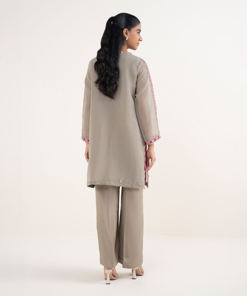 Women's RTW Blended Textured Karandi Embroidered Straight Grey Shirt