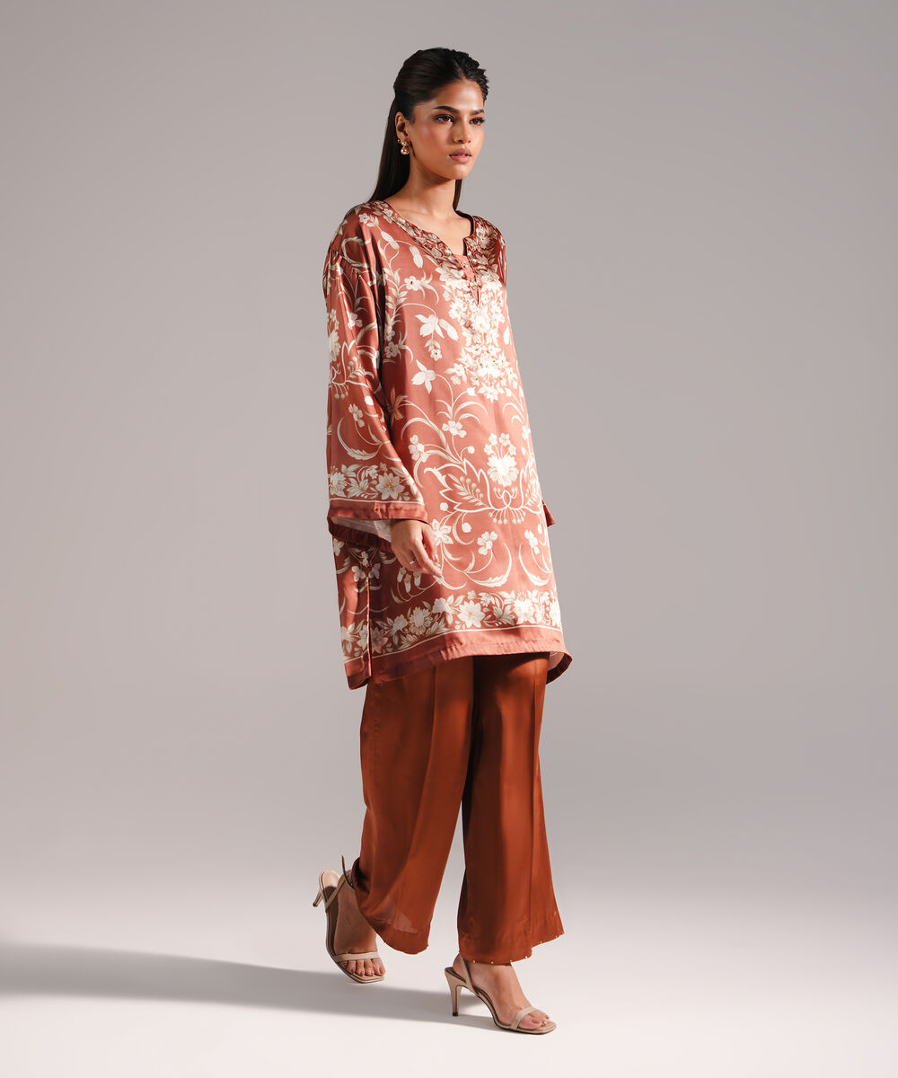 Women's RTW Blended Satin Printed Brown 2 Piece Suit