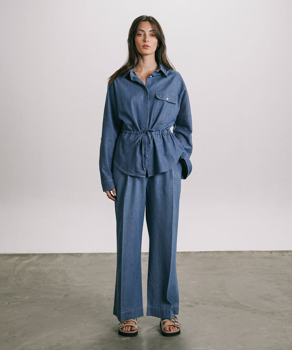 Women's Western Wear Blue Straight Fit Pleated Trouser