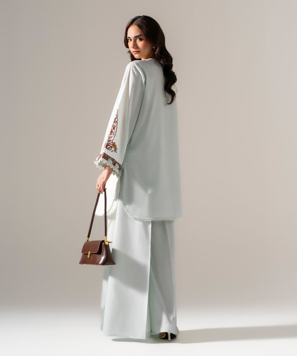 Women's RTW Dobby Solid Embroidered Blue Straight Shirt