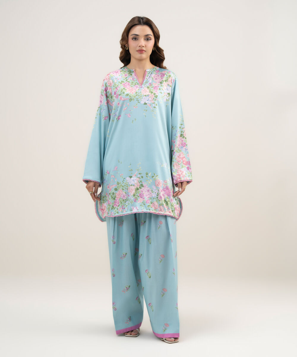 Women's RTW Dobby Printed Blue 2 Piece Suit