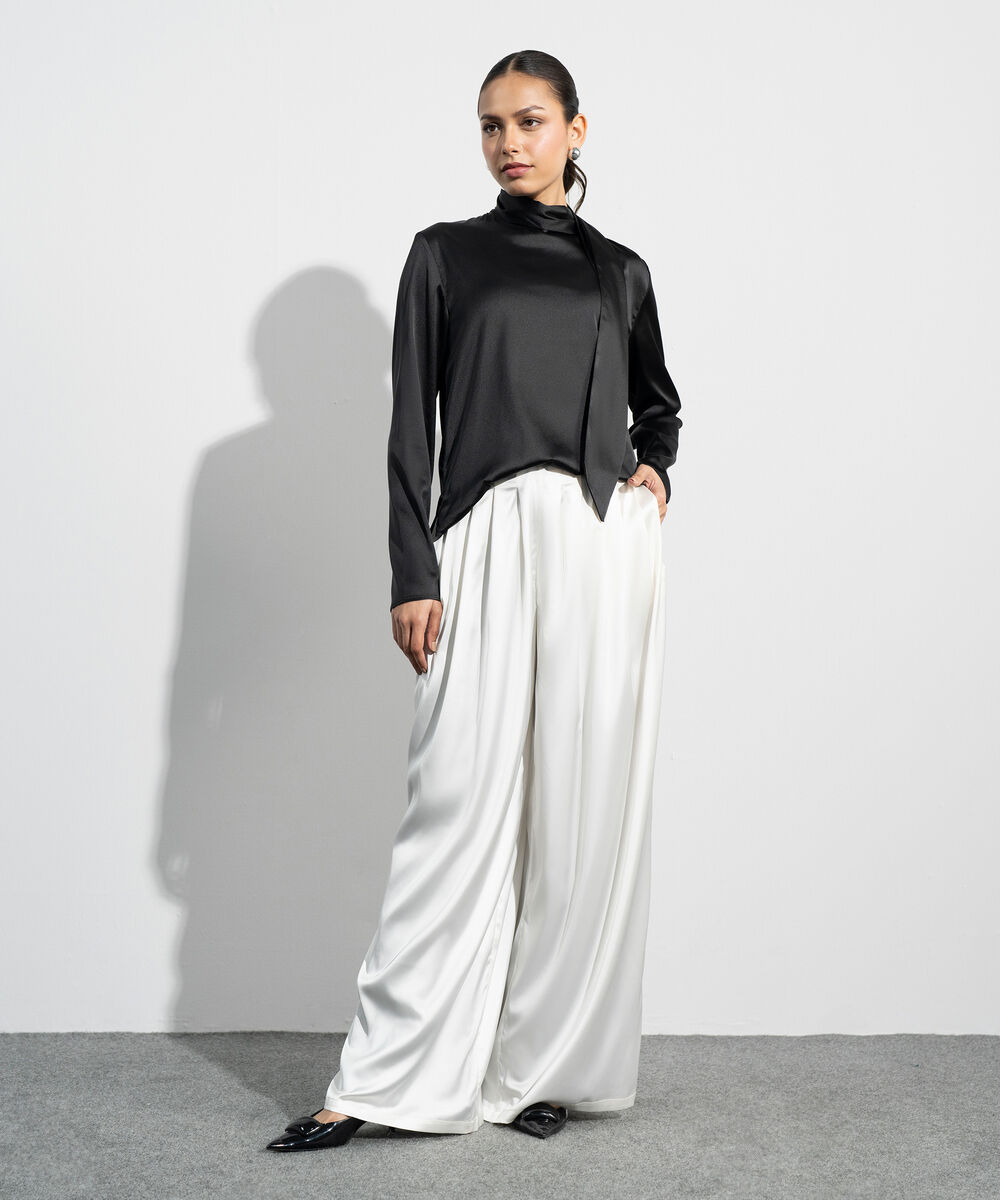 Women's Western Cream Pleated Super Wide Leg Satin Trousers