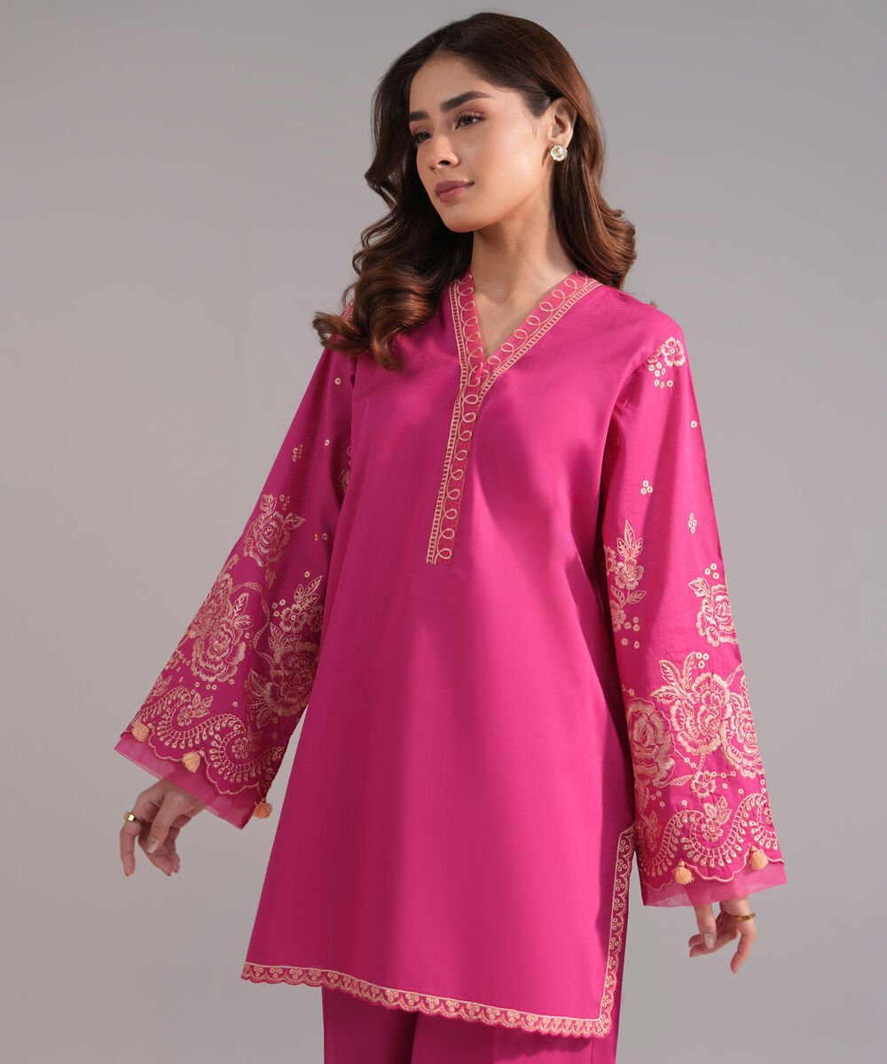 Women's RTW Crosshatch Embroidered Pink Straight Shirt