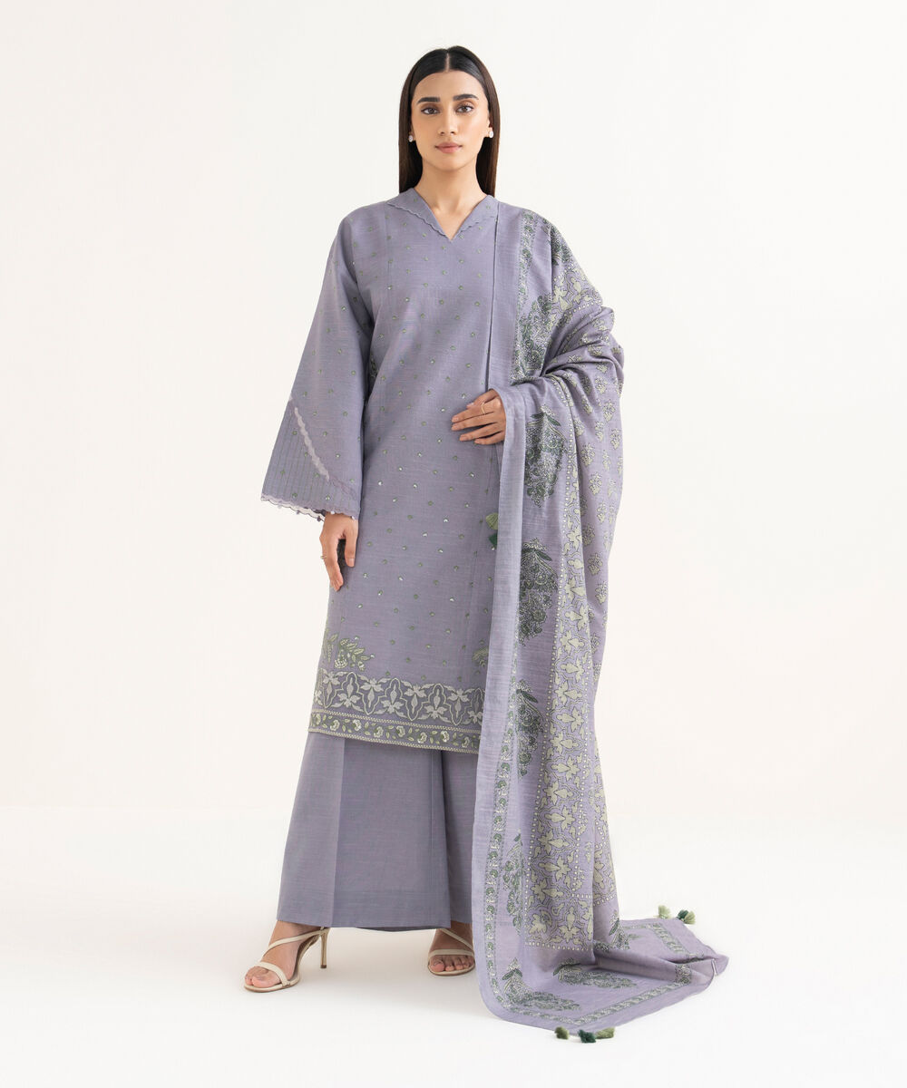 Women's Unstitched Light Khaddar Embroidered Purple 3 Piece Suit