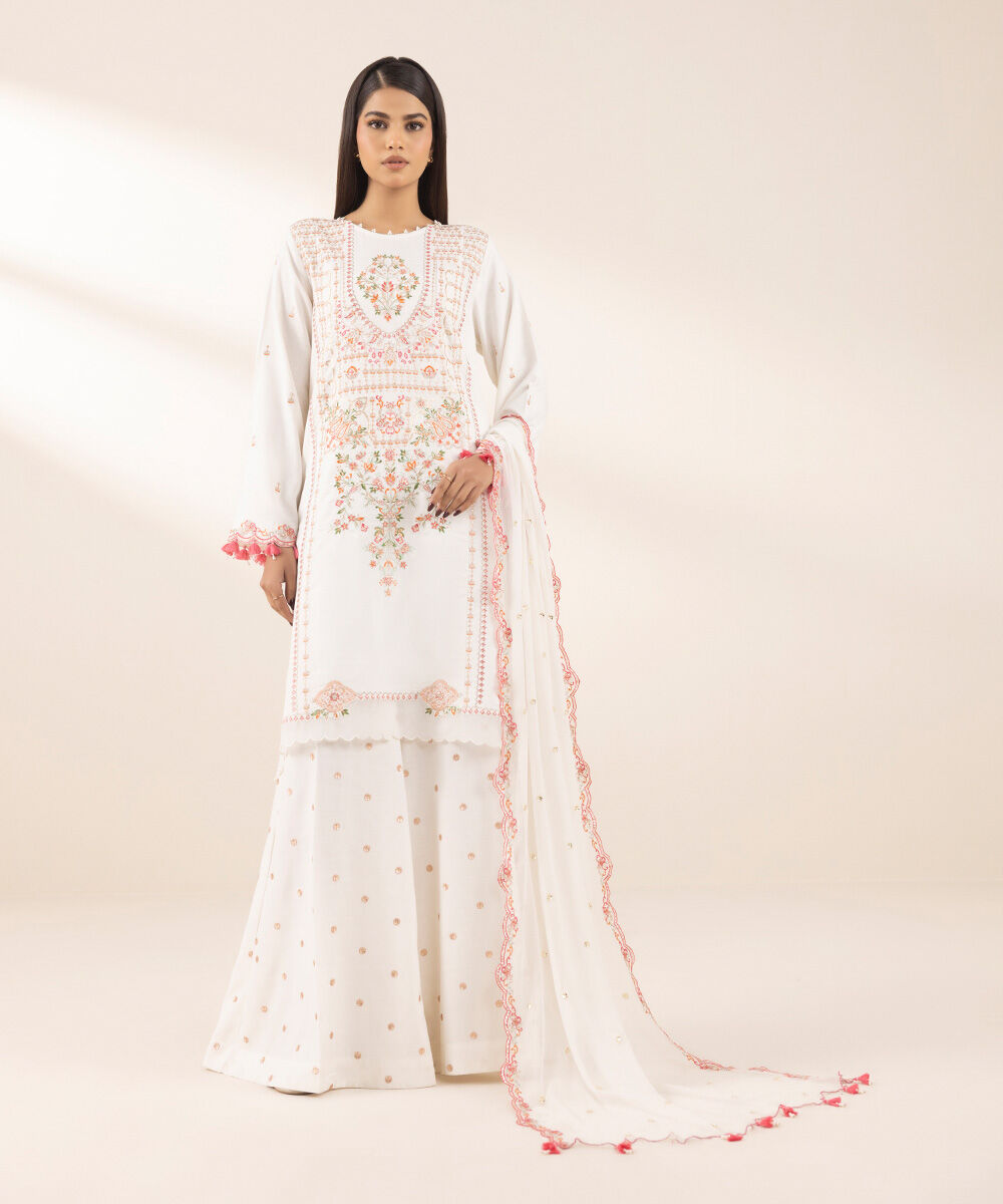 Women's Pret Cotton Viscose White Embroidered A-Line Shirt