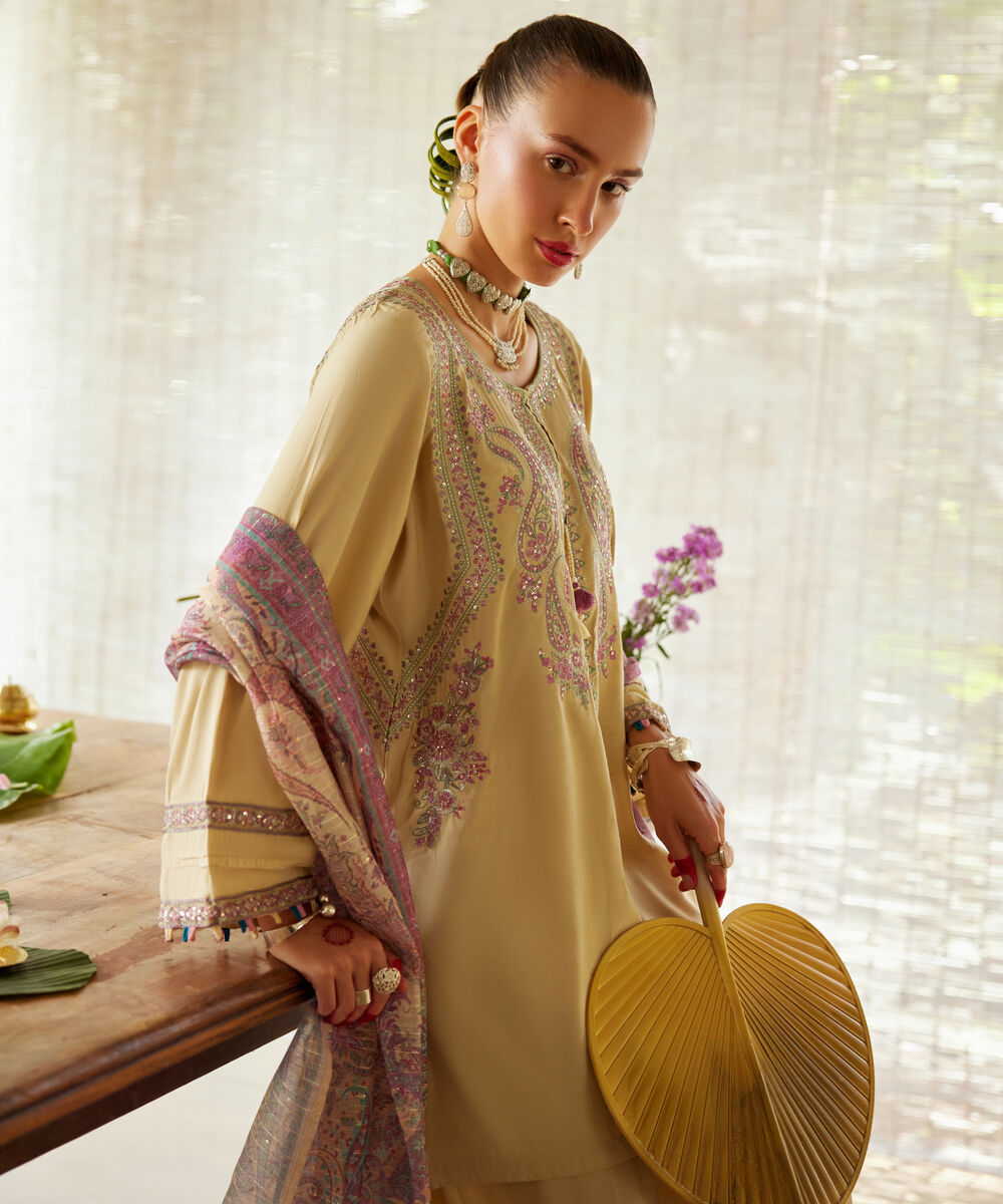 Women's RTW Viscose Raw Silk Embroidered Beige 3 Piece Suit