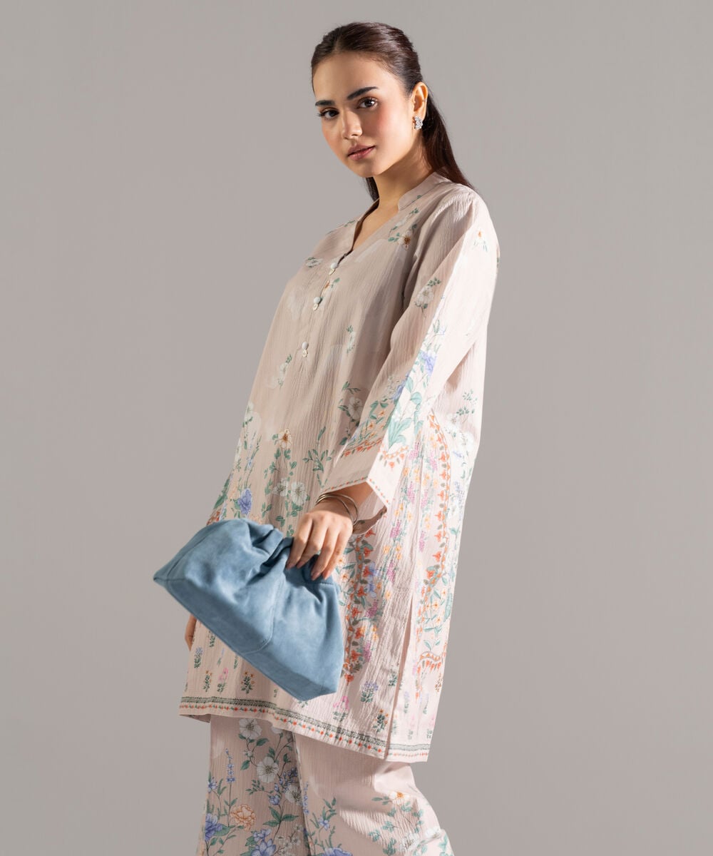 Women's RTW Seersucker Printed Beige 2 Piece Suit