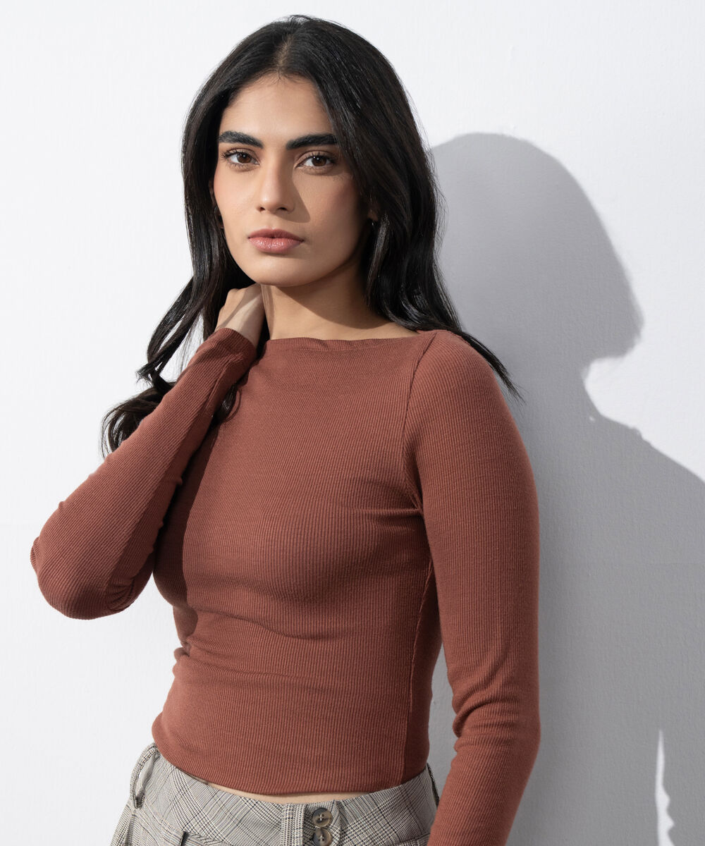 Women's Western Wear Rust Slash Neck Rib Top