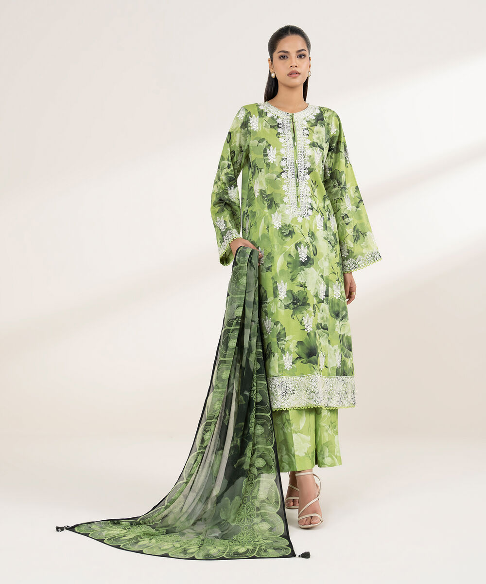 Women's RTW Lawn Green Embroidered A-Line Shirt