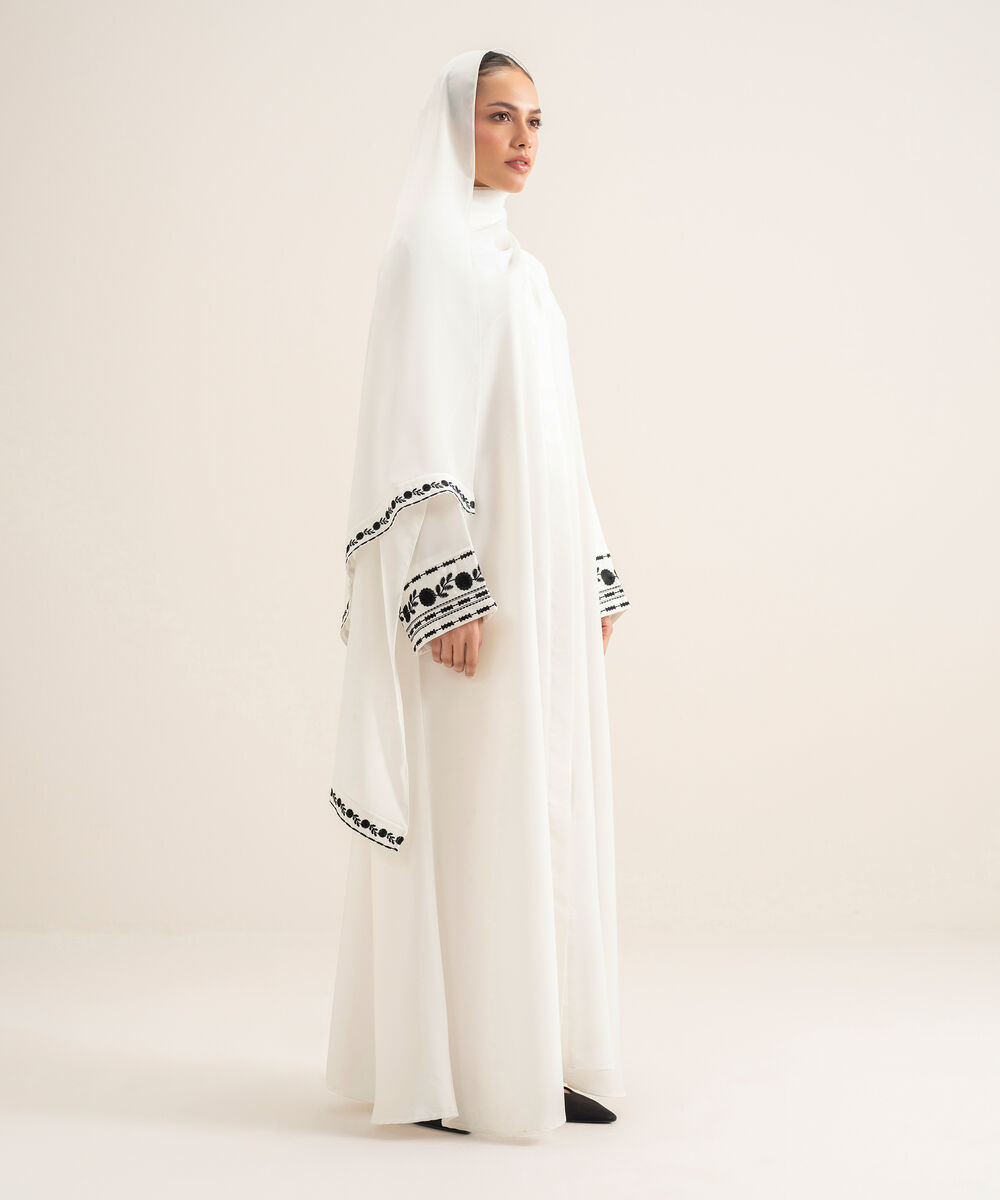 Women's White Color Block Embroiderd Abbaya Set