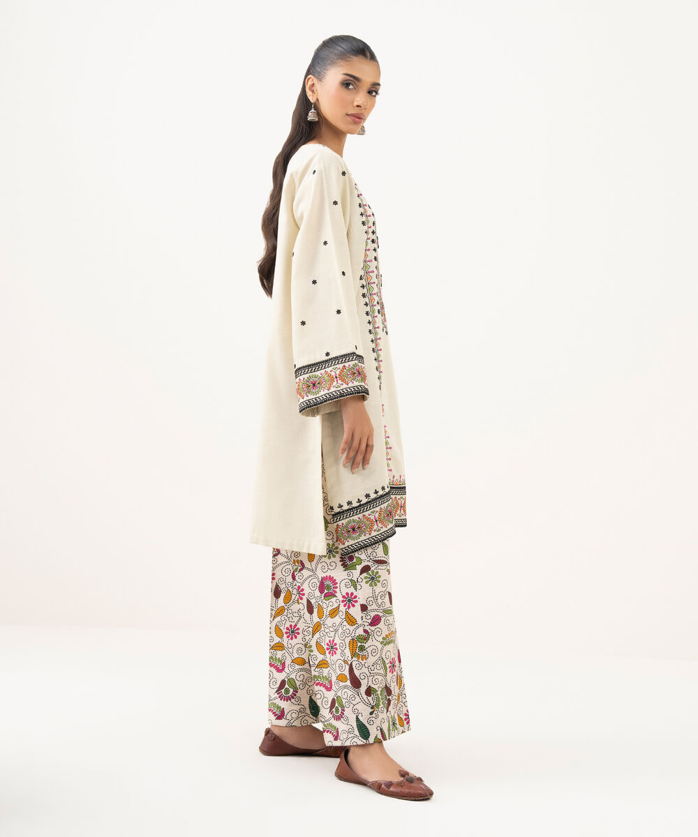 Women's RTW Cotton Embroidered A-Line Off White Shirt