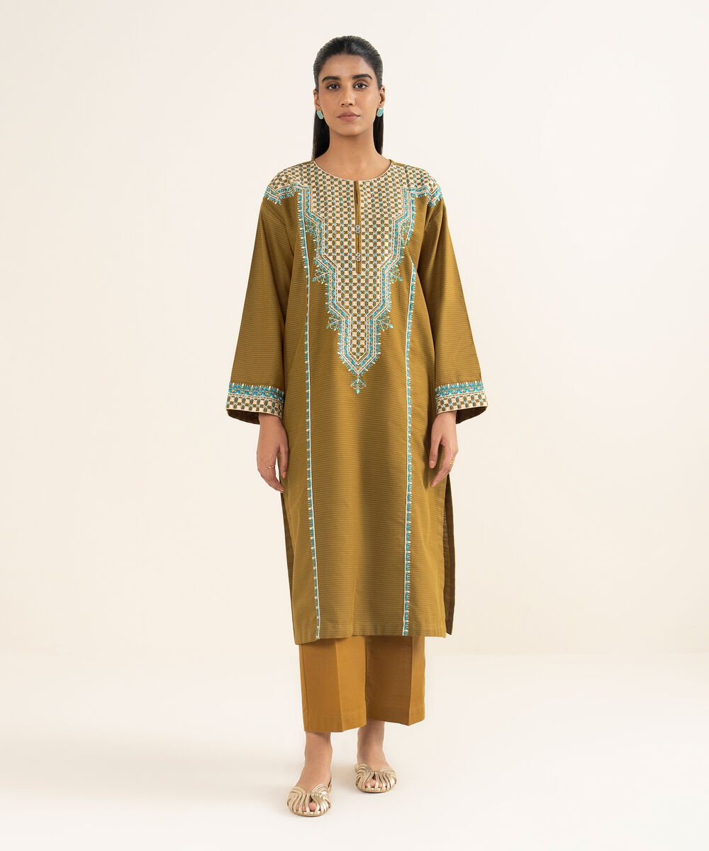 Women's RTW Light Khaddar Embroidered Brown A-Line Shirt