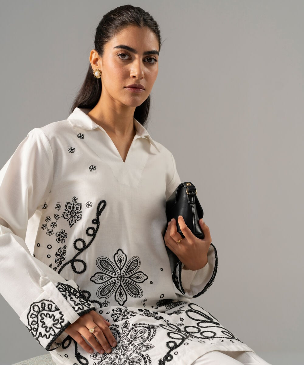 Women's RTW Cotton Linen Embroidered Off White 2 Piece Suit