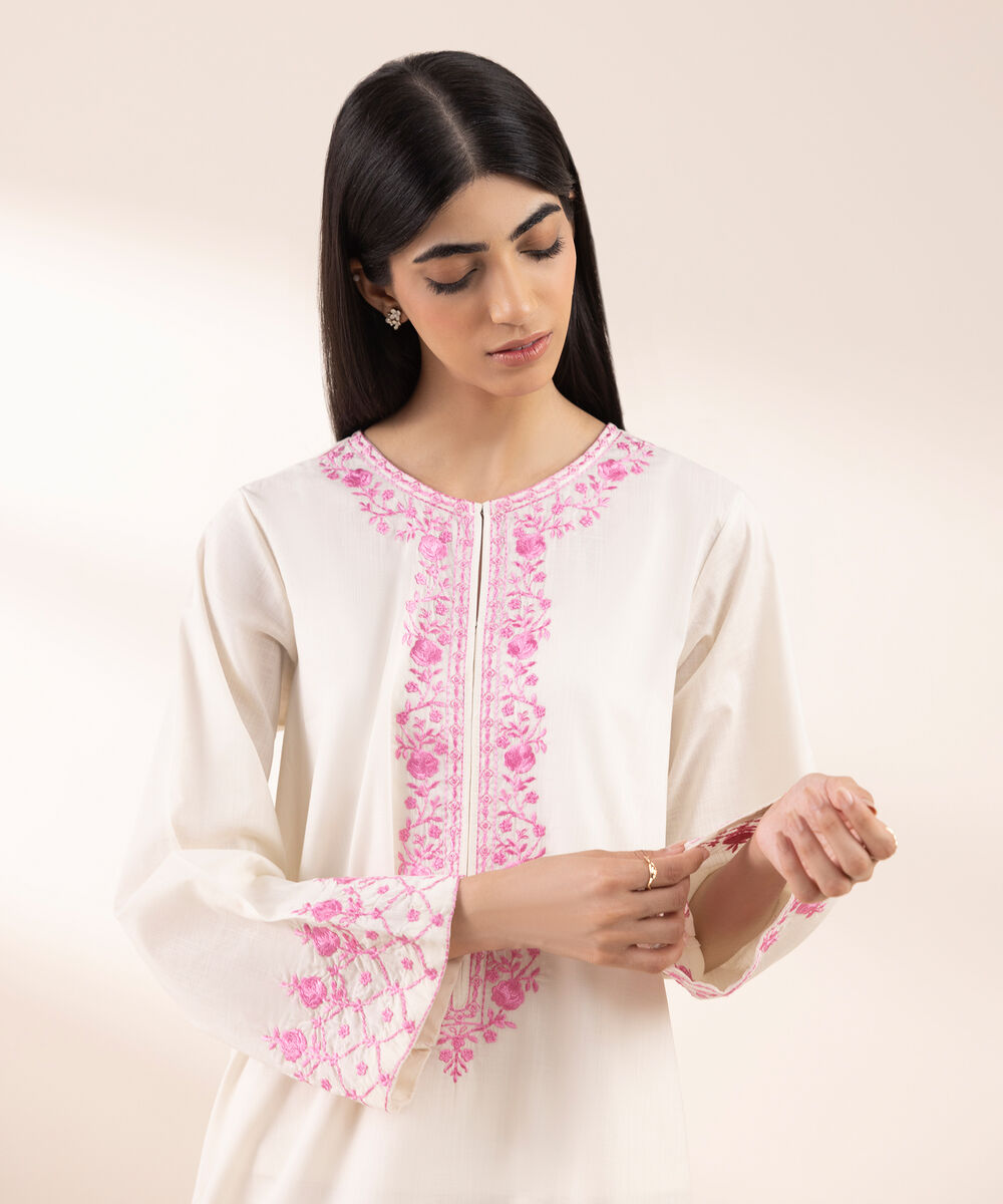 Women's RTW Cross Hatch Beige Embroidered A-Line Shirt