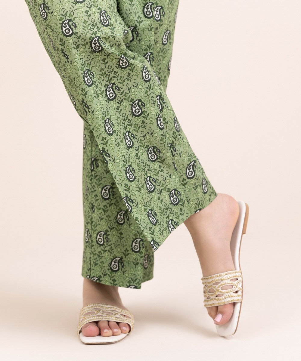 Woman - Green Printed Cambric Straight Pants