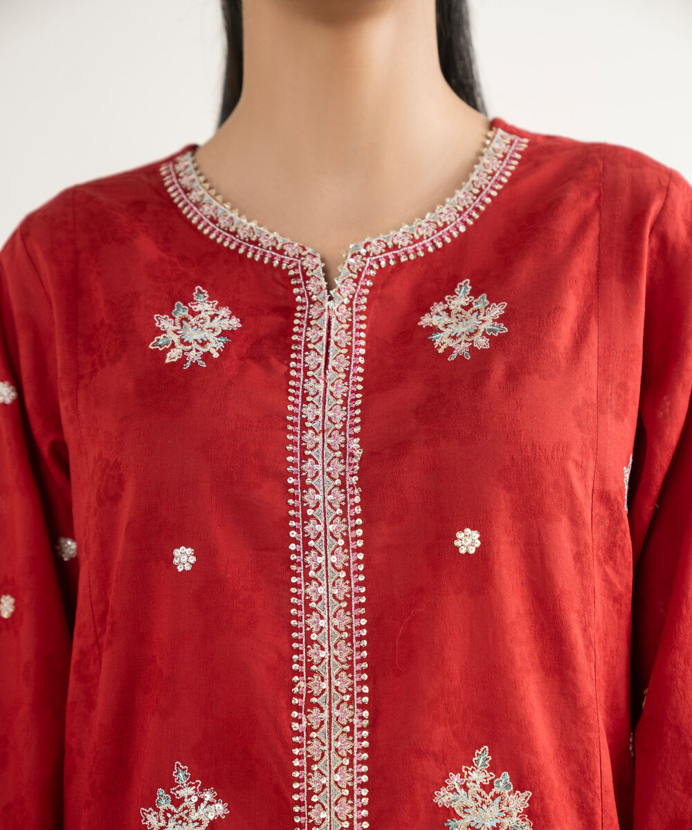 Women's RTW Self Jacquard Embroidered Red Straight Shirt
